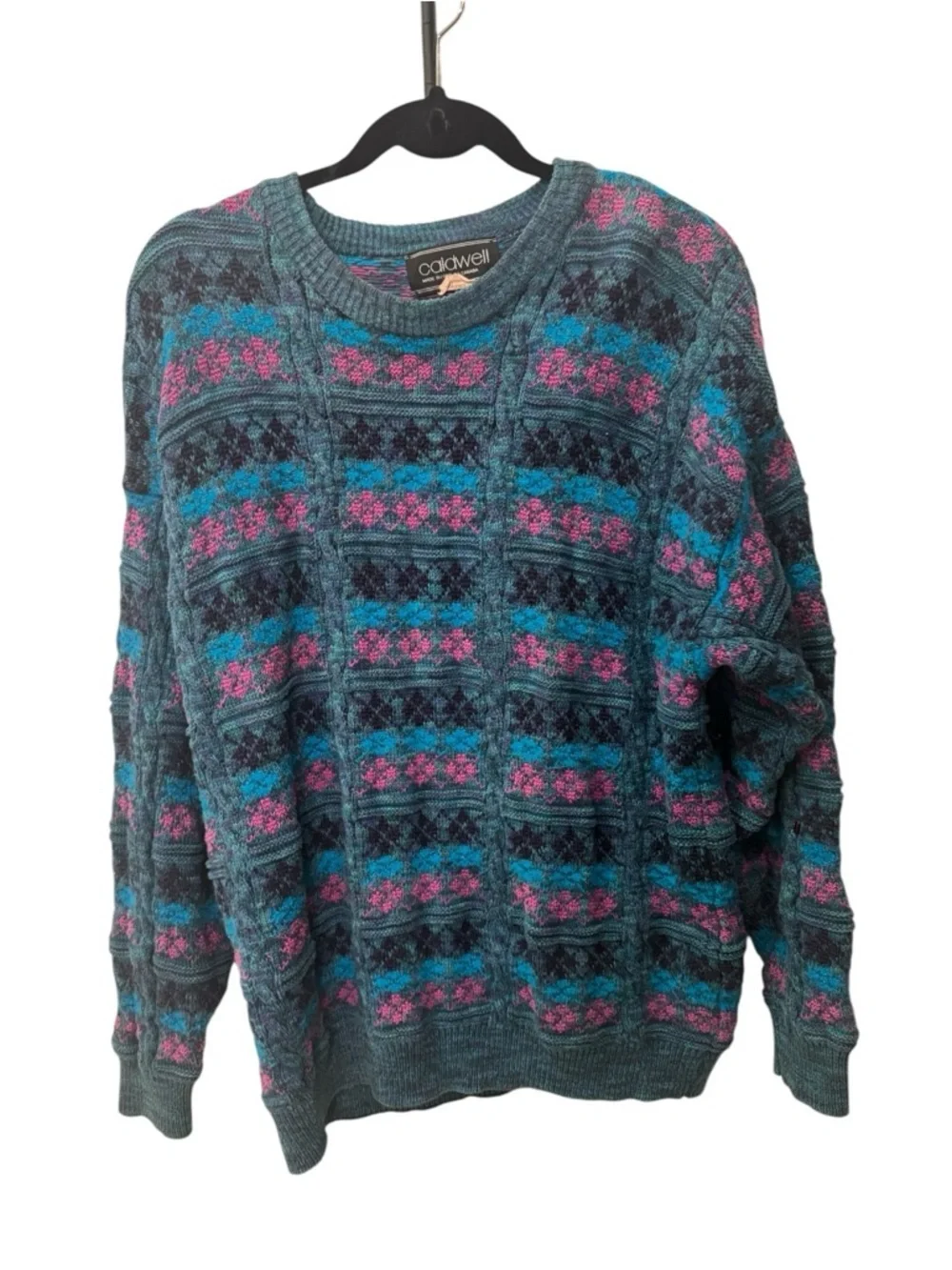 vintage Caldwell teal wool sweater with purple and light blue size L